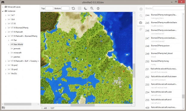 uNmINeD 0.5.302dev showing Minecraft 1.7.10 world with BiomesOPlenty and Railcraft mods installed